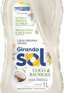 2 Girando Sol Lava Roupas Líquido Coco 1L Sabão Líquido Lava Roupa Perfumado Branco Ação Delicada Proteção E Cuidado Roupas Brancas E Coloridas