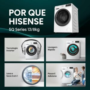 2 Hisense Lava e Seca, 13kg Lavagem 8kg Secagem, Steam, 13 Programas, Motor Inverter, Painel Touch, Branco WD13X - 220V